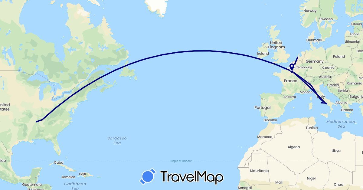 TravelMap itinerary: driving in France, Italy, Netherlands, United States (Europe, North America)